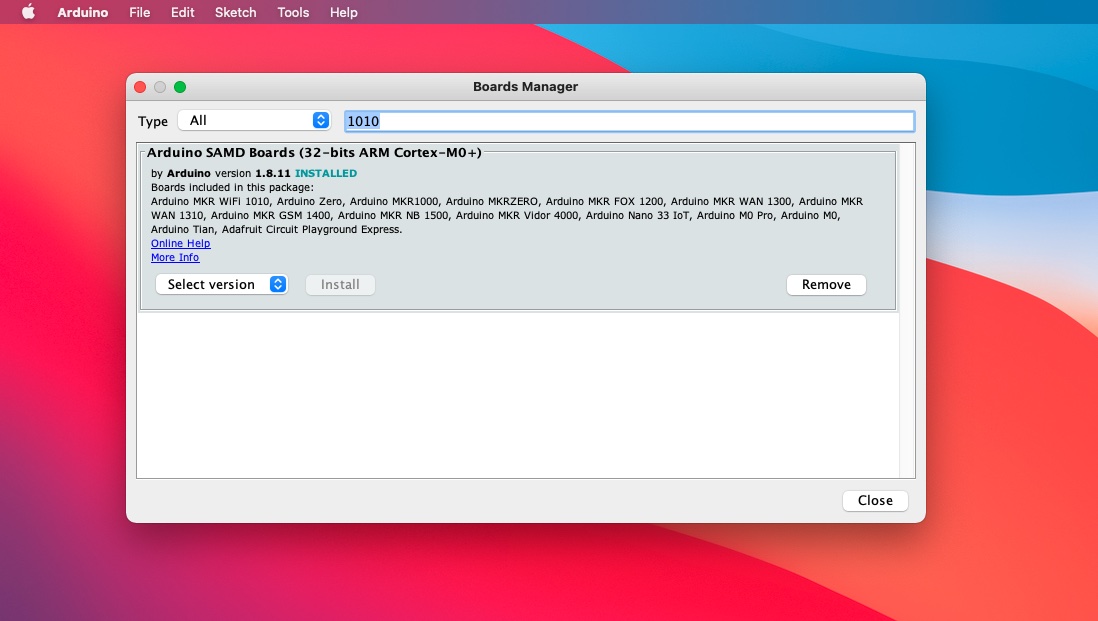 Arduino IDE Boards Manager Window