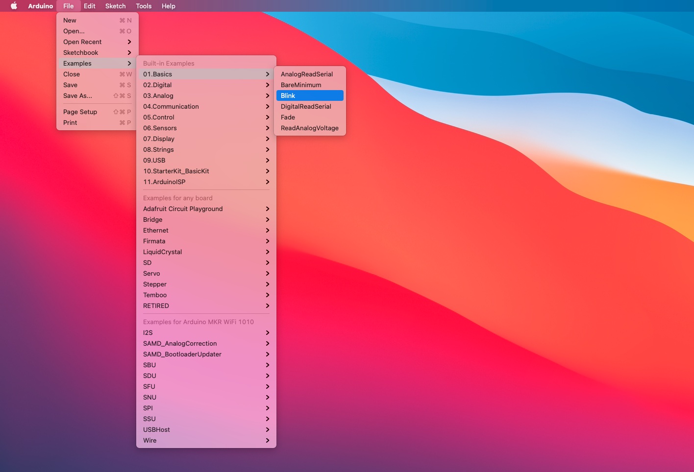 Select the Blink Sketch in the Arduino IDE