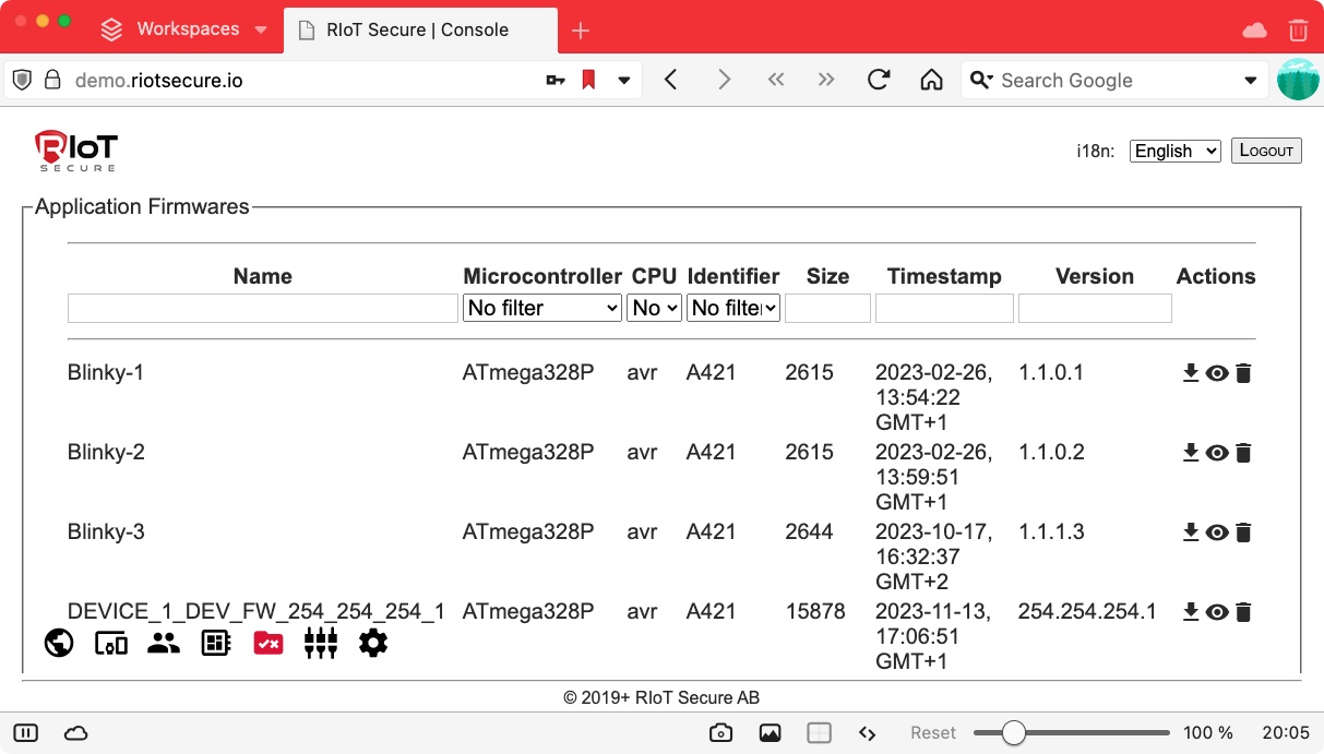 Application Firmwares Screen